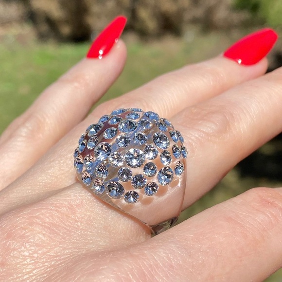 Women’s Acrylic Ring With Crystal Embellished Stones, Statement Ring, Clear - Picture 7 of 16